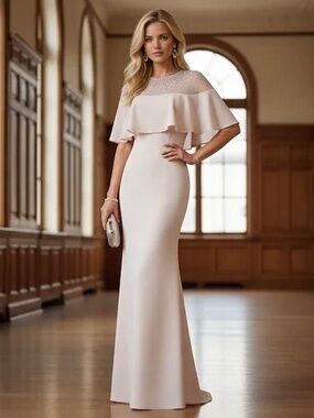 NWT Calvin Klein Full Length Stretch Crepe Beaded Cape Gown Dress Blush Pink 8